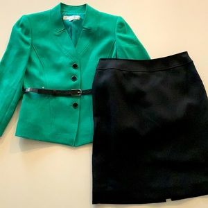 Tahari Arthur Levine Womens Petite Green Belted Blazer and Black Skirt Set